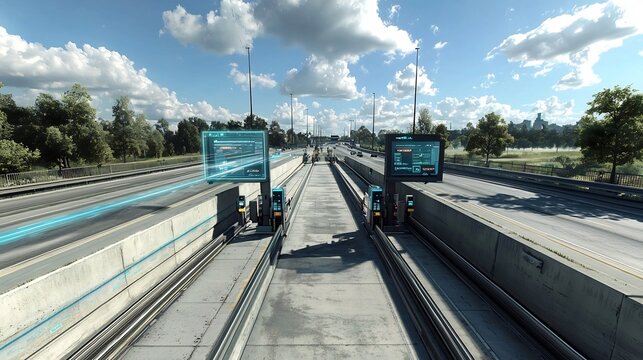 A photograph of an automated toll station with a virtual twin tracking payment efficiency and traffic throughput leaving copy space on the left for additional information or design elements