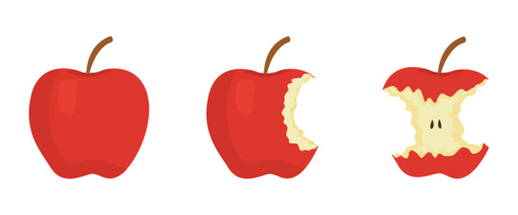 Bitten red ripe apple set from whole to half and core