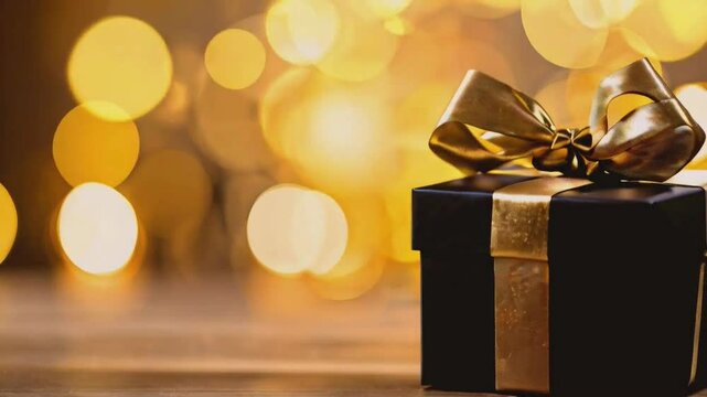 A black gift box with a gold ribbon, sitting in front of a warm, blurry background of lights