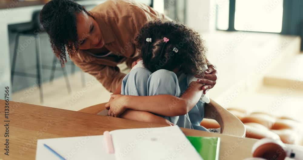 Poster homework, crying and mom with sad child in home for lesson, learning and school project. family, ups