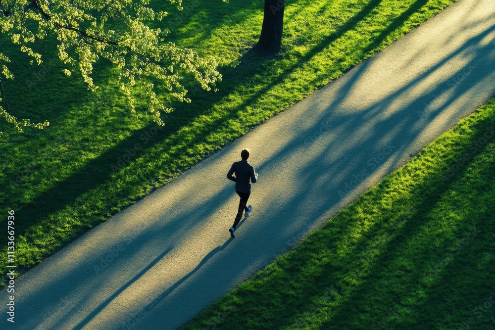 Poster a solitary runner moves swiftly along a winding path through a lush green park filled with trees. th