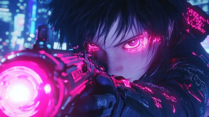 A futuristic character aiming a gun with glowing eyes in a neon-lit cityscape.