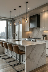 Photographie immobili&egrave;re d'une cuisine moderne et fonctionnelle avec &icirc;lot spacieux et appareils haut de gamme