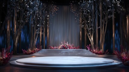 A whimsical forest wedding stage with translucent white drapes, glowing trees, and fantasy flowers, set against a dark, shadowy park landscape with dramatic lighting