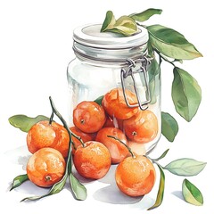 Watercolor Painting of Fresh Mandarin Oranges in a Glass Jar with Green Leaves.
