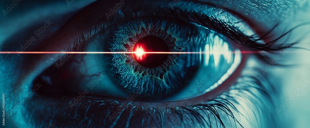 Poster a close-up of an eye with a laser beam and sound wave visual effects.