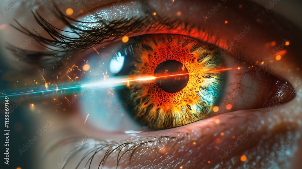 Poster a close-up of a vibrant eye with fiery colors and abstract effects.