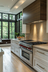 Photographie immobili&egrave;re d'une cuisine moderne et fonctionnelle avec &icirc;lot spacieux et appareils haut de gamme