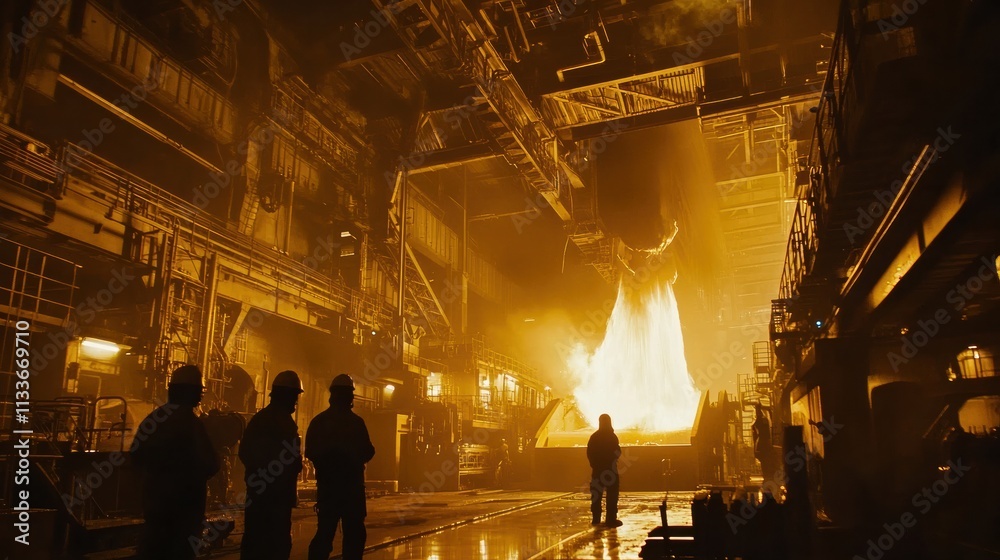 Poster Molten metal is poured into casting molds, creating an intense display of flames and sparks inside a bustling industrial hall. Generative AI