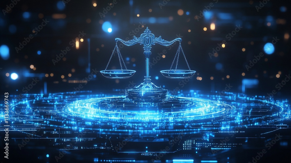 Poster a digital representation of balanced scales symbolizing justice and fairness.