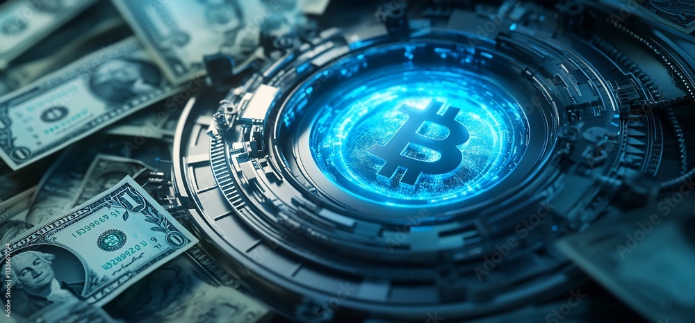 Poster a digital representation of bitcoin surrounded by dollar bills.