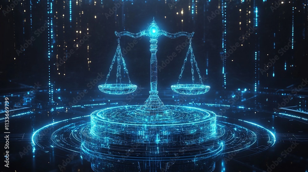 Poster a digital representation of balanced scales symbolizing justice and technology.