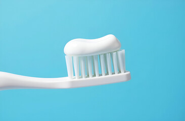 White toothbrush with some white toothpaste on blue background. Dental care advertising.