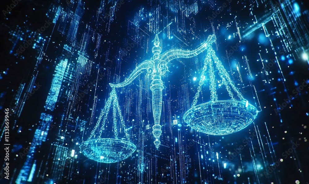 Poster a digital representation of scales symbolizing justice and balance.