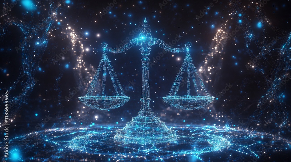 Poster a digital representation of scales symbolizing justice and balance.