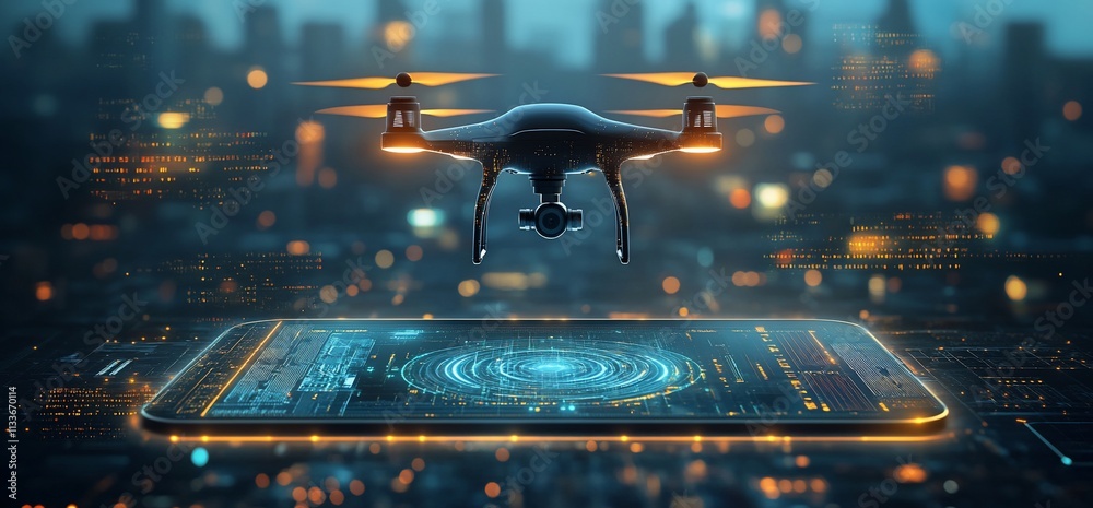 Poster A drone hovering above a smartphone, showcasing technology integration.