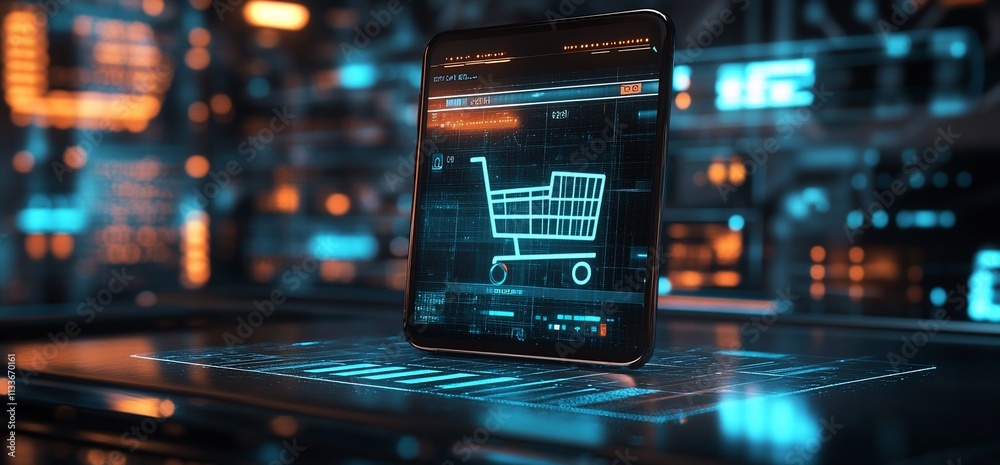 Poster A digital tablet displaying an online shopping cart interface.