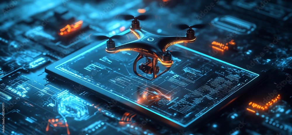 Poster a drone positioned on a circuit board, highlighting technology and innovation.