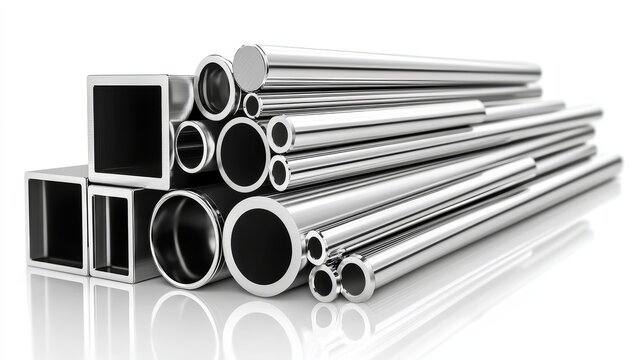 Polished metal pipes close-up, evenly stacked, isolated on white, durable and versatile material, industrial and architectural focus