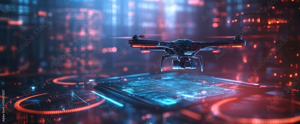 Poster A futuristic drone hovering above a digital interface in a tech environment.