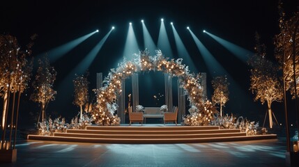 Obraz premium A dream-inspired wedding stage in a fantastical forest, with silver tree branches and light beams piercing through the dark park, creating an ethereal atmosphere