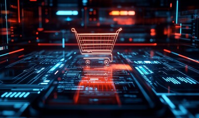 A futuristic digital shopping cart in a neon-lit cyber environment.