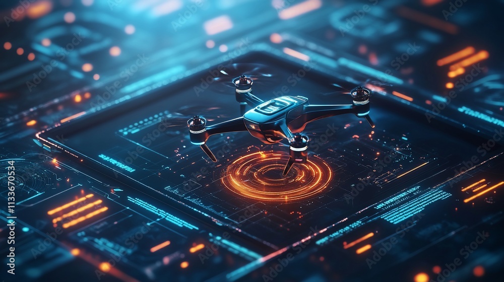 Poster A futuristic drone hovering over a digital interface with glowing elements.