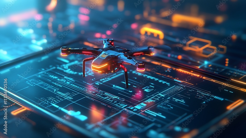 Poster A futuristic drone hovering over a digital interface with glowing elements.
