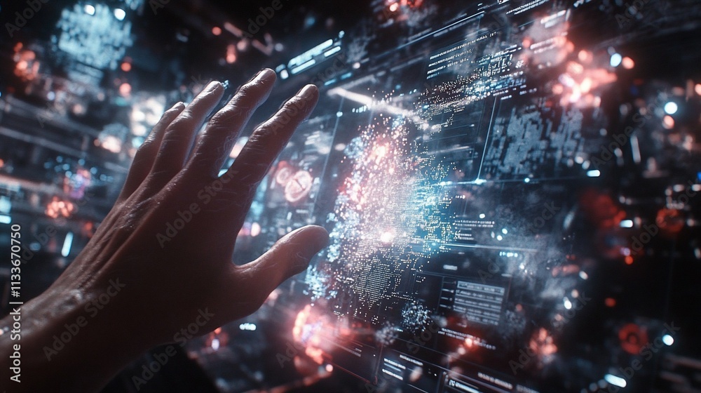 Poster A futuristic hand interacting with a digital interface displaying data.