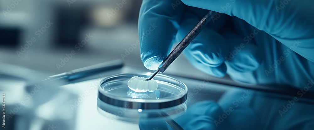 Poster a gloved hand uses tweezers to manipulate a small sample in a lab dish.