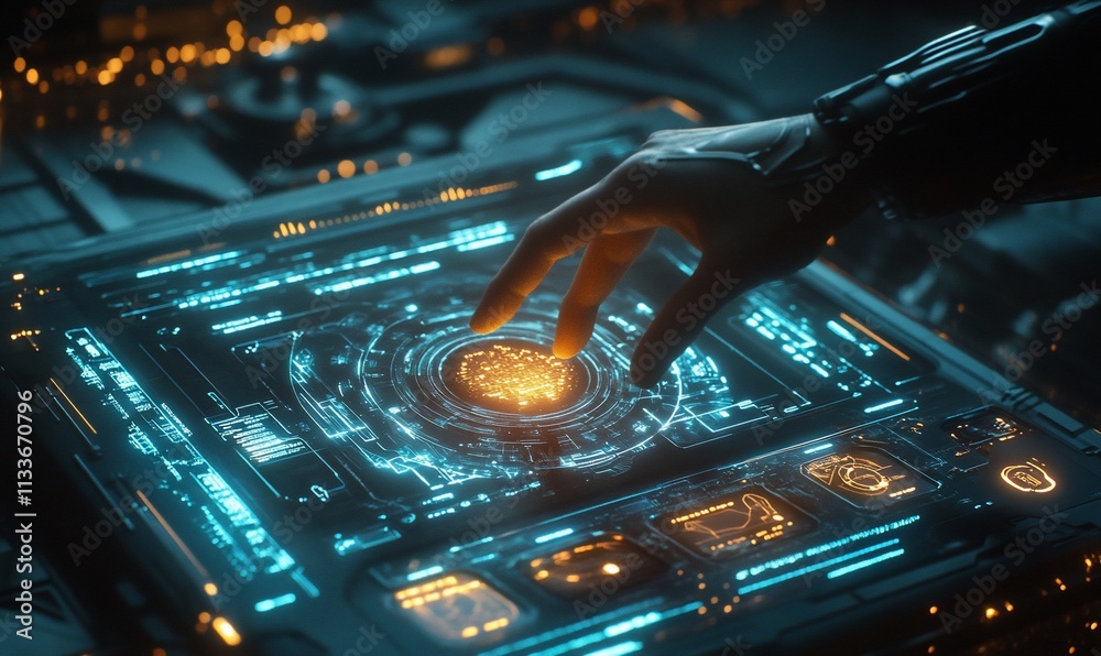 Poster A futuristic hand interacts with a glowing control panel displaying data.