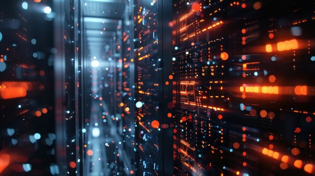 Futuristic server room featuring bokeh and light effects, processing big data and showcasing the power of modern cloud computing and digital network infrastructure