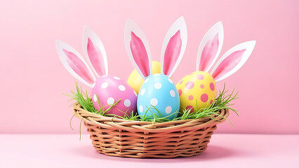 Easter eggs with bunny ears in a basket on a pink background.
