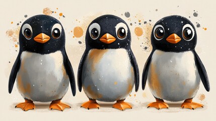 Adorable Cartoon Penguins with Bright Eyes and Playful Expressions on a Soft Background Featuring Warm Color Splashes and Artistic Touches