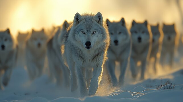 Arctic wolf pack runs snowy landscape, sunset.
