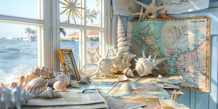 Seashells, Maps, and Starfish on a Windowsill