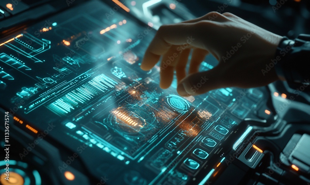 Fototapete A hand interacts with a futuristic touchscreen interface displaying data.