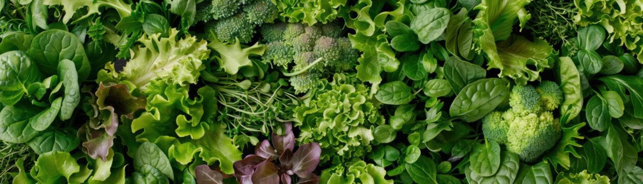 A close up of a variety of green vegetables including broccoli, lettuce
