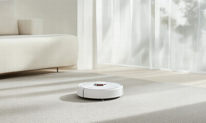 A white robot vacuum cleaner is on a carpeted floor