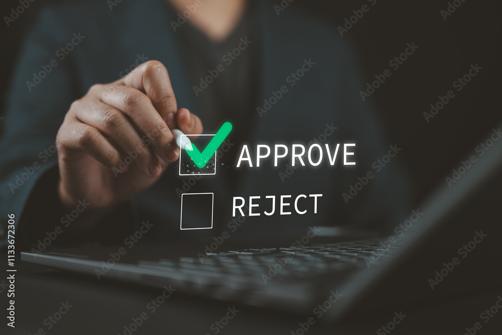 Poster businessman with pen ticking the correct mark to approve document or project concept. document manag