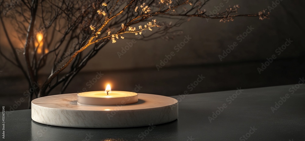 Poster a serene candle on a marble base with decorative branches in the background.