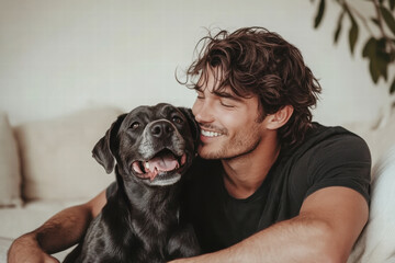 A man is hugging a black dog on a couch