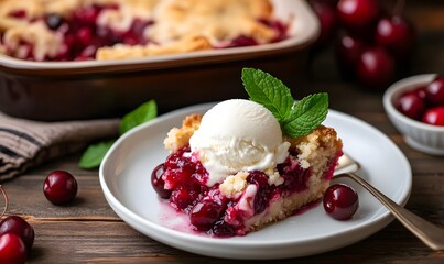 A beautifully plated slice of cherry dump cake topped with vanilla ice cream, Generative AI