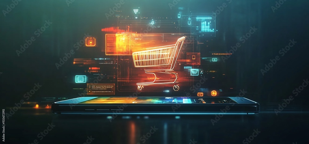 Poster a smartphone displaying a digital shopping cart concept.