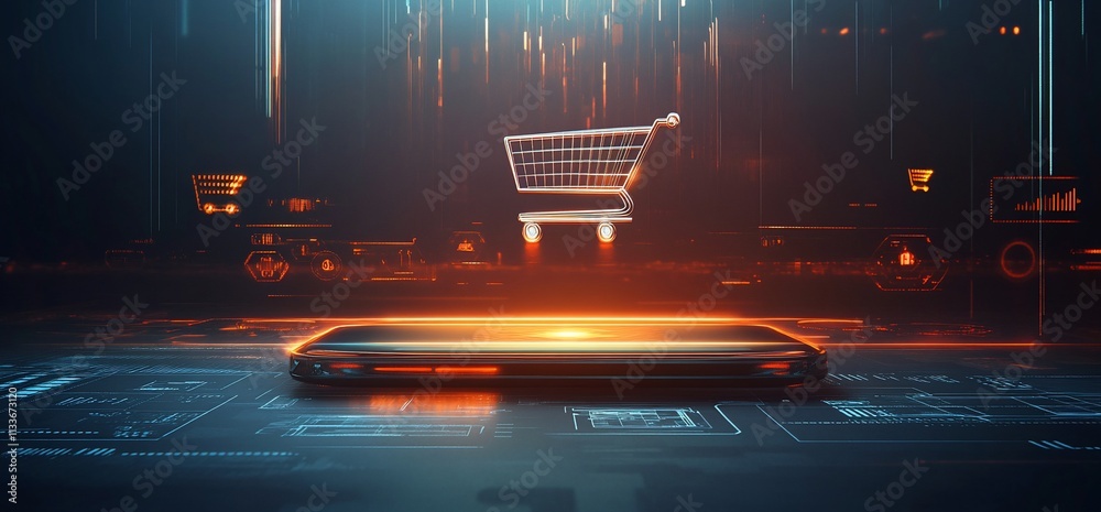 Poster a shopping cart hovering above a smartphone, symbolizing digital commerce.
