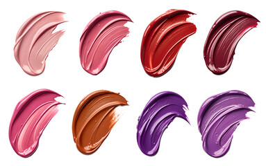 Set of lipstick smears of different colors isolated on white background. Lip gloss colorful smears. Acrylic swatches. Cosmetic product swatches