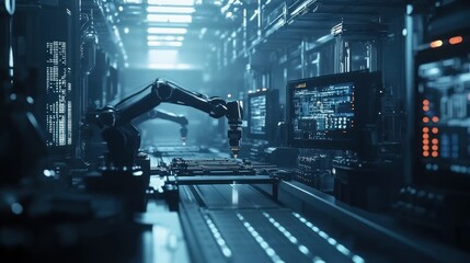 Fototapeta premium A futuristic industrial setting with robotic arms and screens for automation.