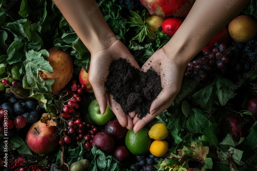 Poster hands cradle rich soil amidst a bountiful display of colorful fruits and lush greenery, symbolizing 