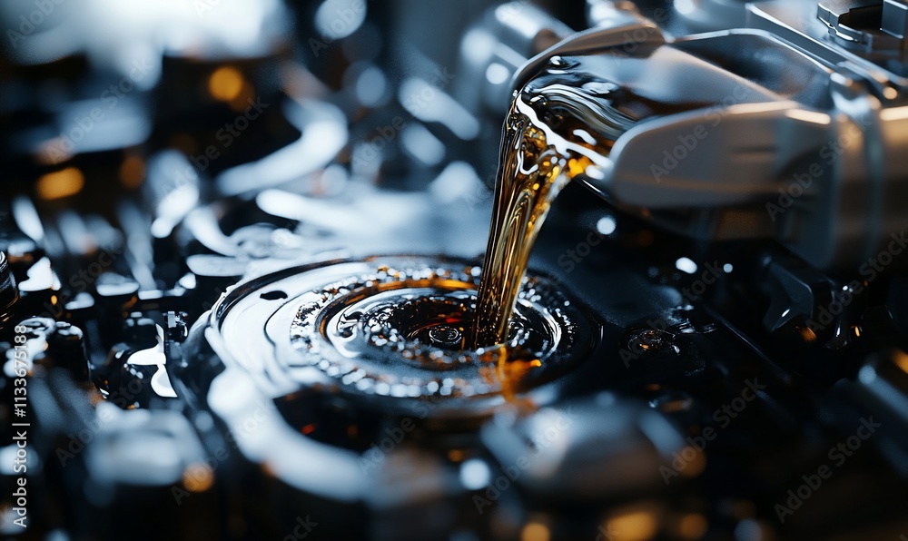 Poster Close-up of engine components with oil flowing, highlighting mechanical function.