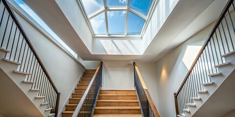 Fototapeta premium A staircase leading up to a landing with a skylight above
